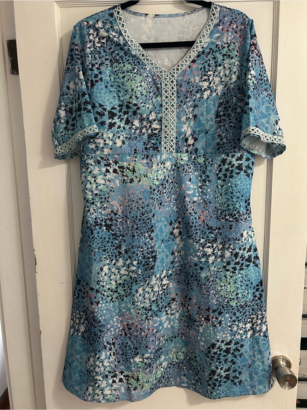 Amazon Blue Patterned with lace - V-Neck Women’s Dress NWOT